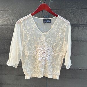 Cami International Cream Sheer Embroidered Floral Blouse Womens M